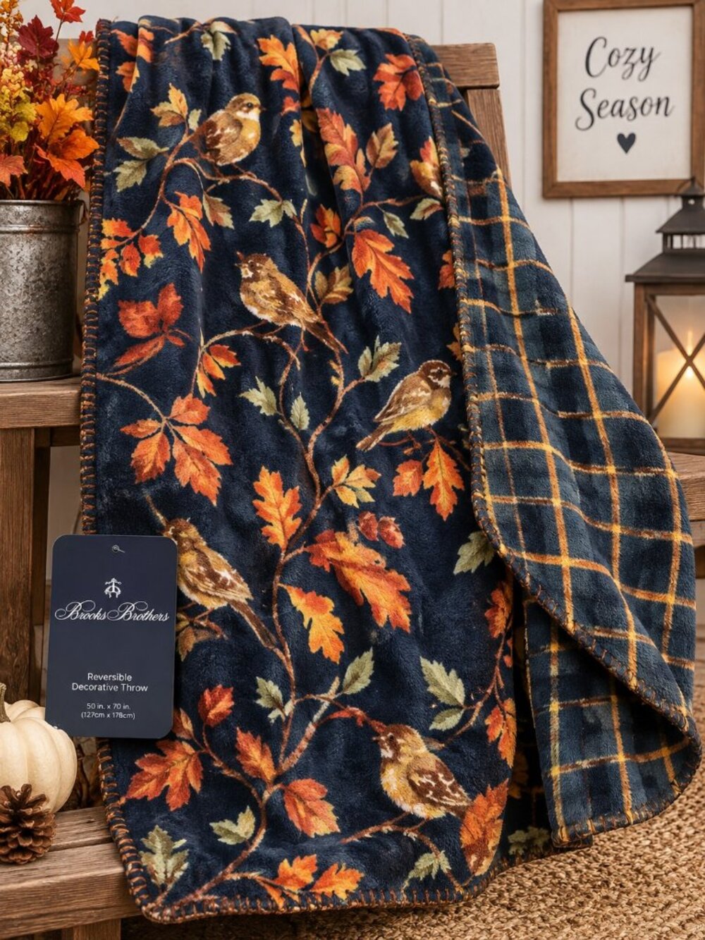 Brooks Brothers Fall Birds Autumn Leaves Reversible Throw Blanket 50x70 NWT Blue